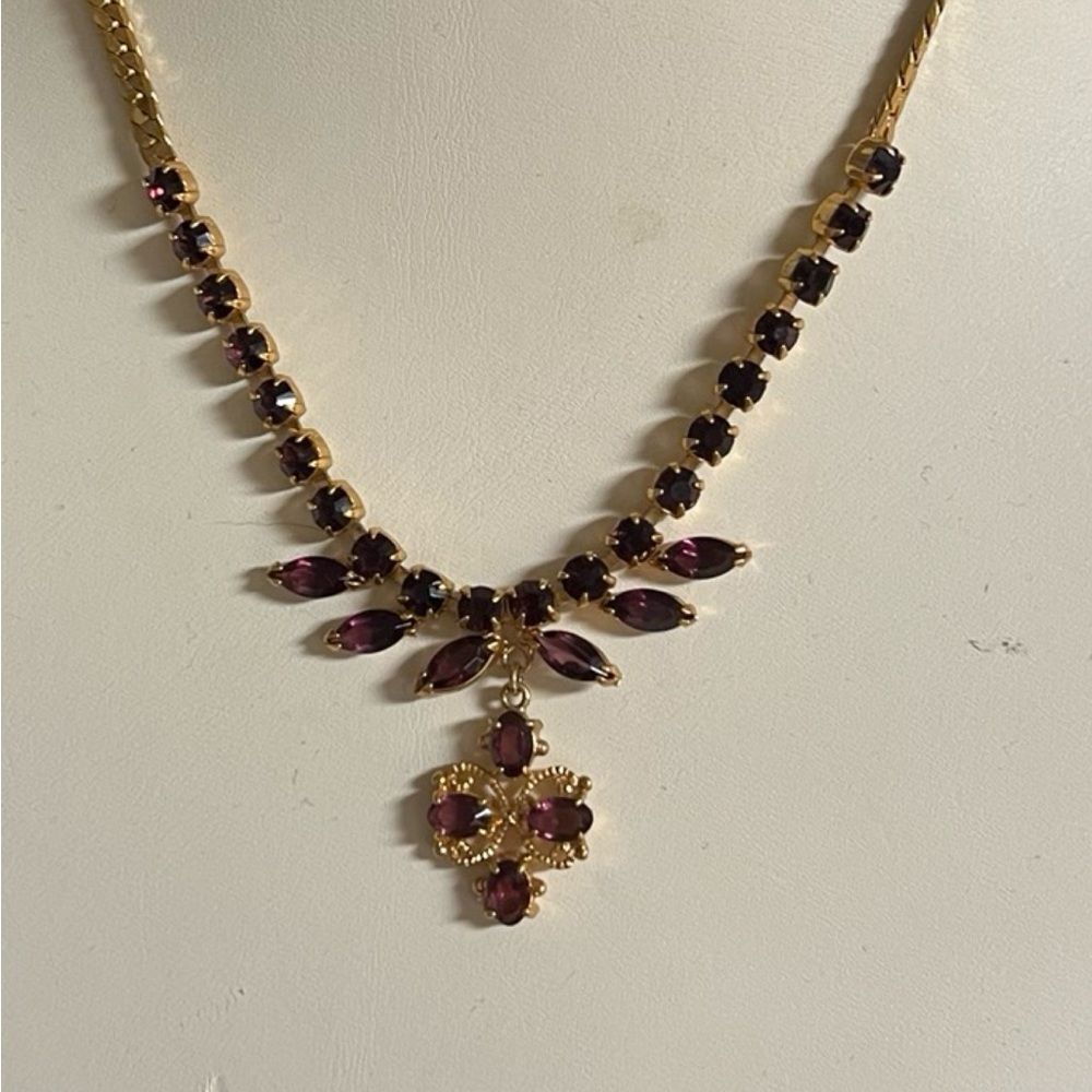 Vintage Prong Set Ruby Stone Dangle Gold Tone Women’s Necklace Estate Jewelry